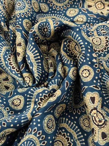 Ajrakh hand block printed modal silk saree | Blue & Green | Ships from California